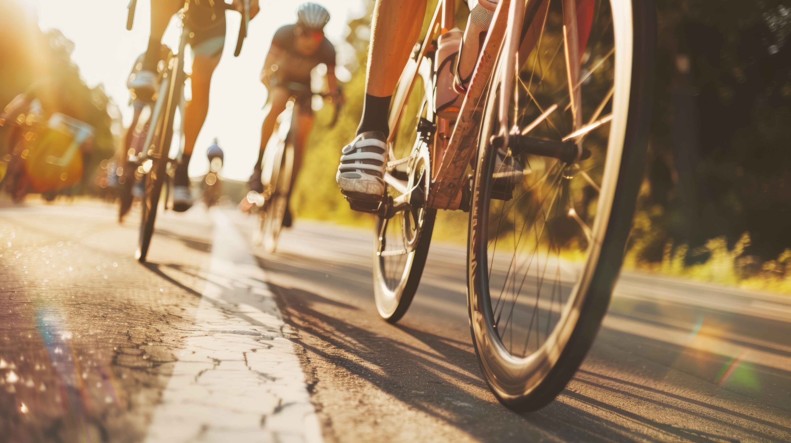 Competitors race forward in a cycling event